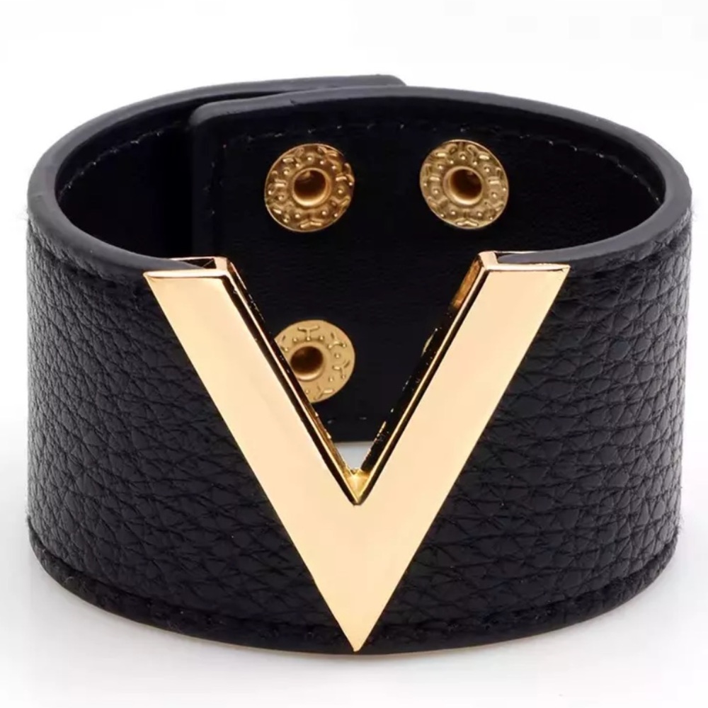 Faux Leather Black and Gold V Cuff Bracelet